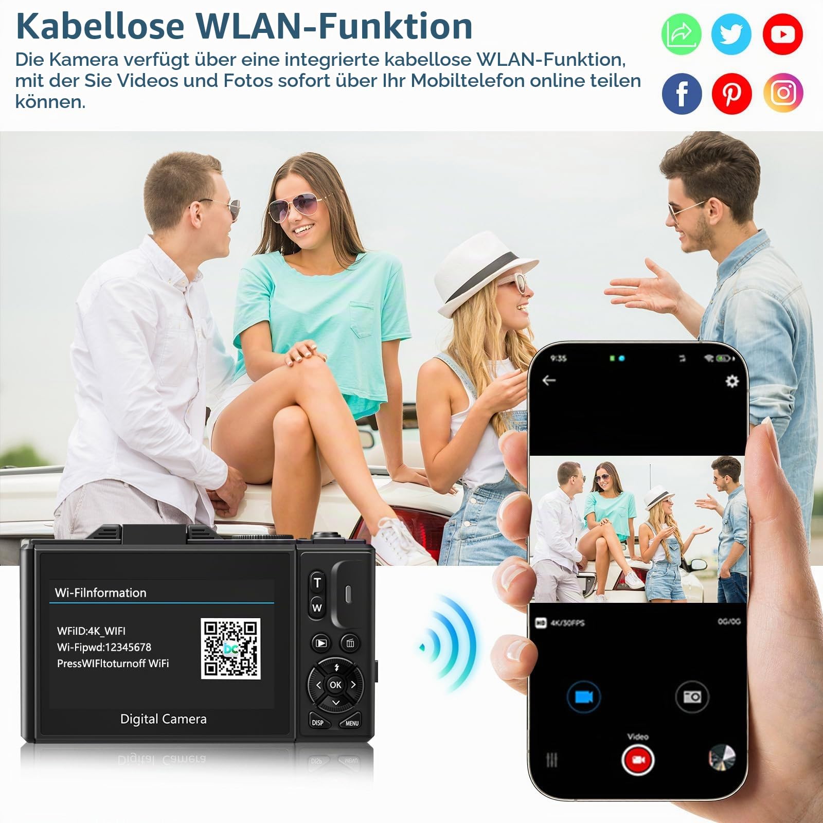 Gavonde Digitalkamera für Fotografie, 4K Vlogging-Kamera mit 3 Zoll 180° Flipscreen, 18X Digitalzoom, Schwarz