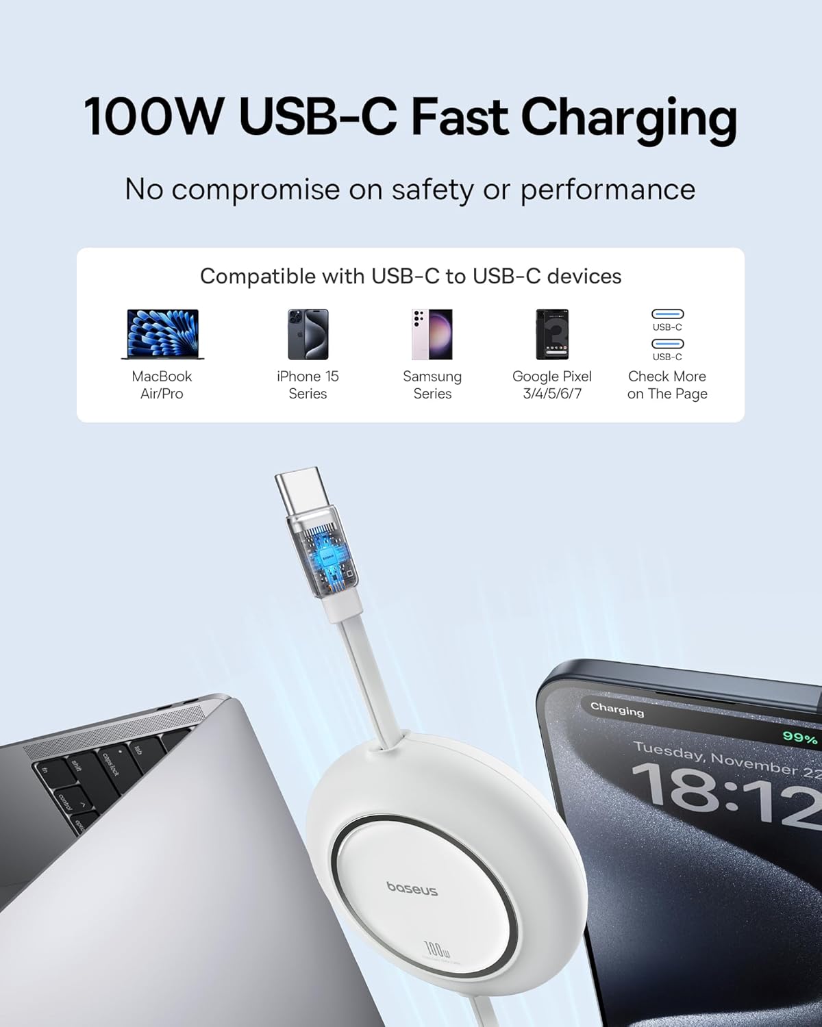 Baseus 20000mAh 45W Power Bank, Bundle USB C to C Cable, 100W 6.6ft Retractable USB C Fast Charging Cable