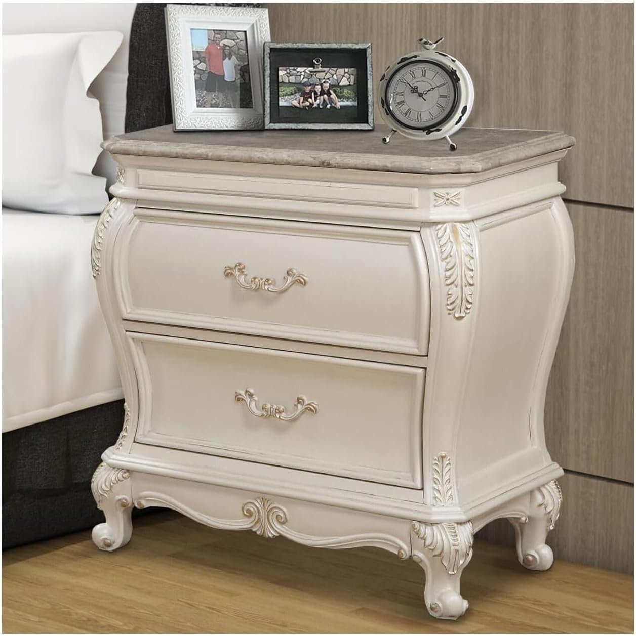 HomeStock Timeless Tradition Nightstand W/Granite Top, Pearl White, Veneer Finish with Leg Base Type - 18" D x 30" W x 31" H