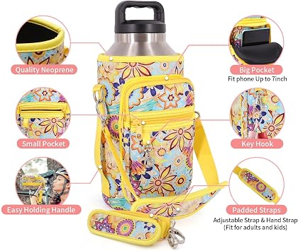 Water Bottle Holder Sling Bag Sleeve Carrier 32oz 40oz 64oz, Insulated Crossbody Water Bottle Case Cover with Padded Strap and 2 Pockets for Walking Hiking Camping