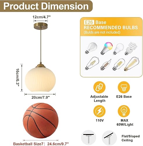 Miniatura 2 de Lámpara colgante vintage de vidrio acanalado con globo dorado cepillado, luces colgantes para isla de cocina, lámpara colgante de latón antiguo,