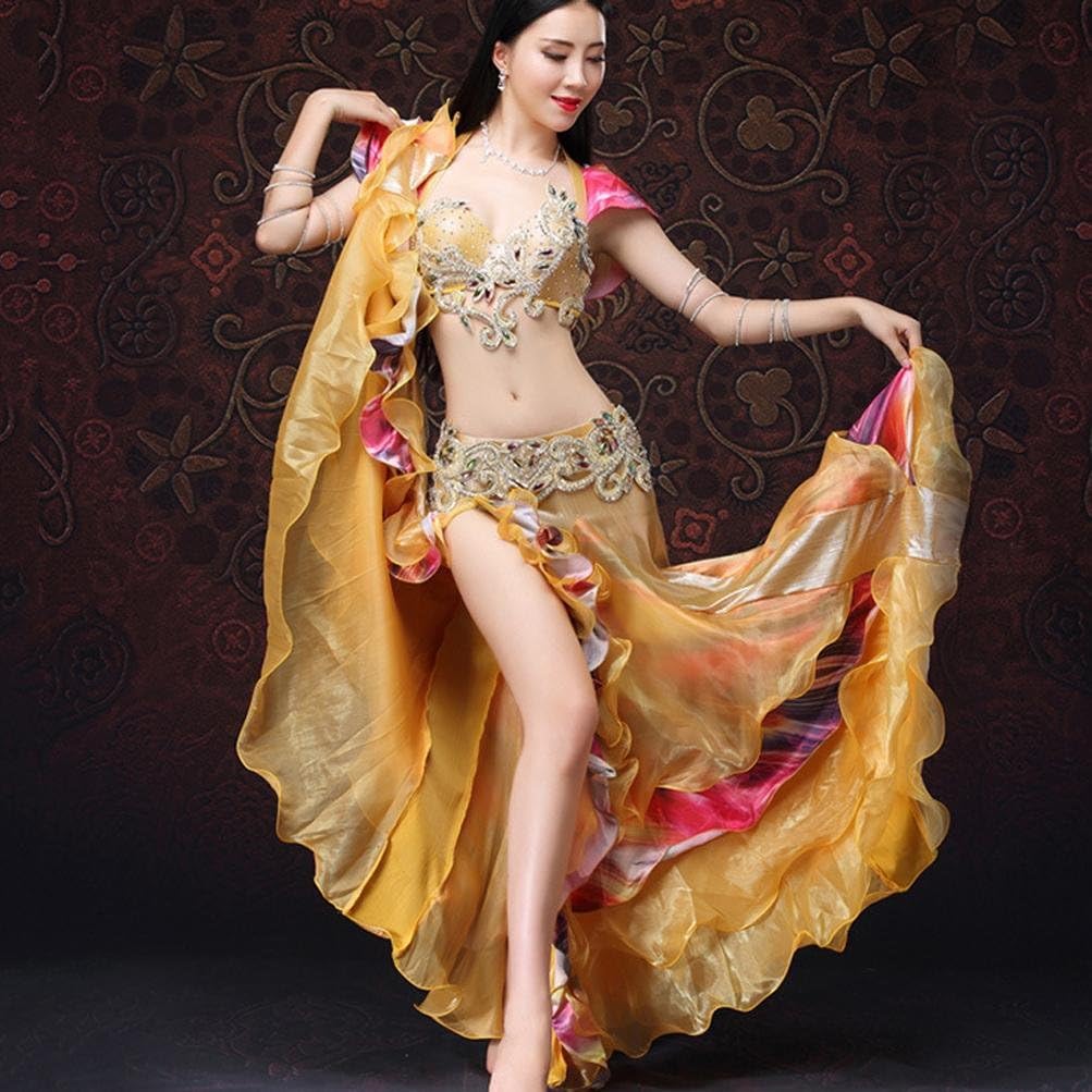 MoLiYanZi Belly Dance Set Costume For Women Handmade Beaded Embroidery Belly Dancing Dress Performance Dancewear 3 PCS, gold, s