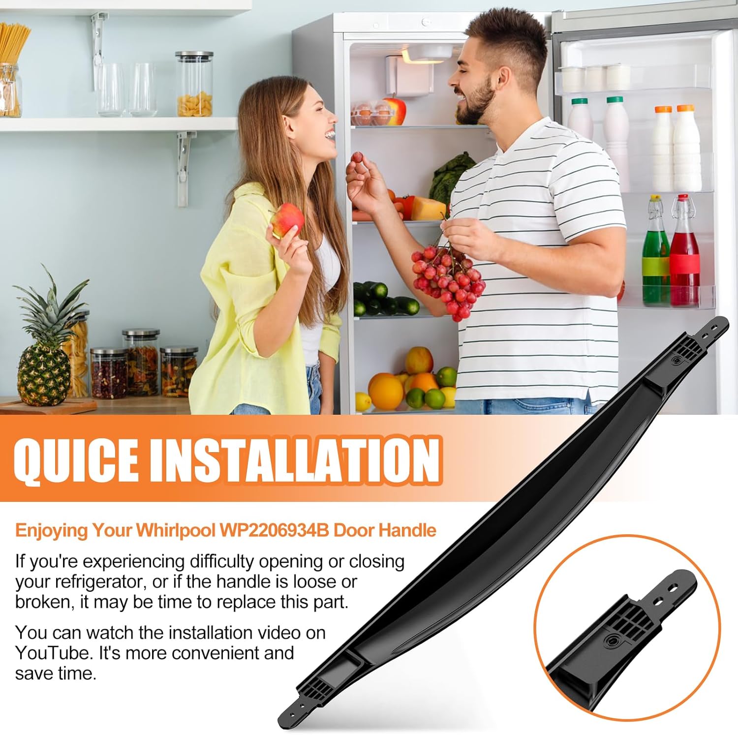 Upgraded WP2206934B Refrigerator Door Handle Compatible with Whirlpool, Kenmore Refrigerator Door Handle Replacement Parts 2206934B Refrigerator Handle Replacement, Reinforced Fridge Door Handle Black