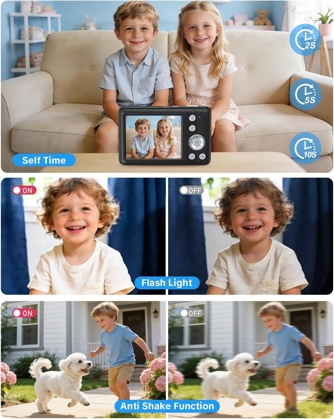 W & O Digital Camera,Kids Camera,Point and Shoot Digital Cameras for Kids, with 2.8" LCD Screen,16X Zoom,Built-in Game & SD Card, for Boys & Girls(Black)