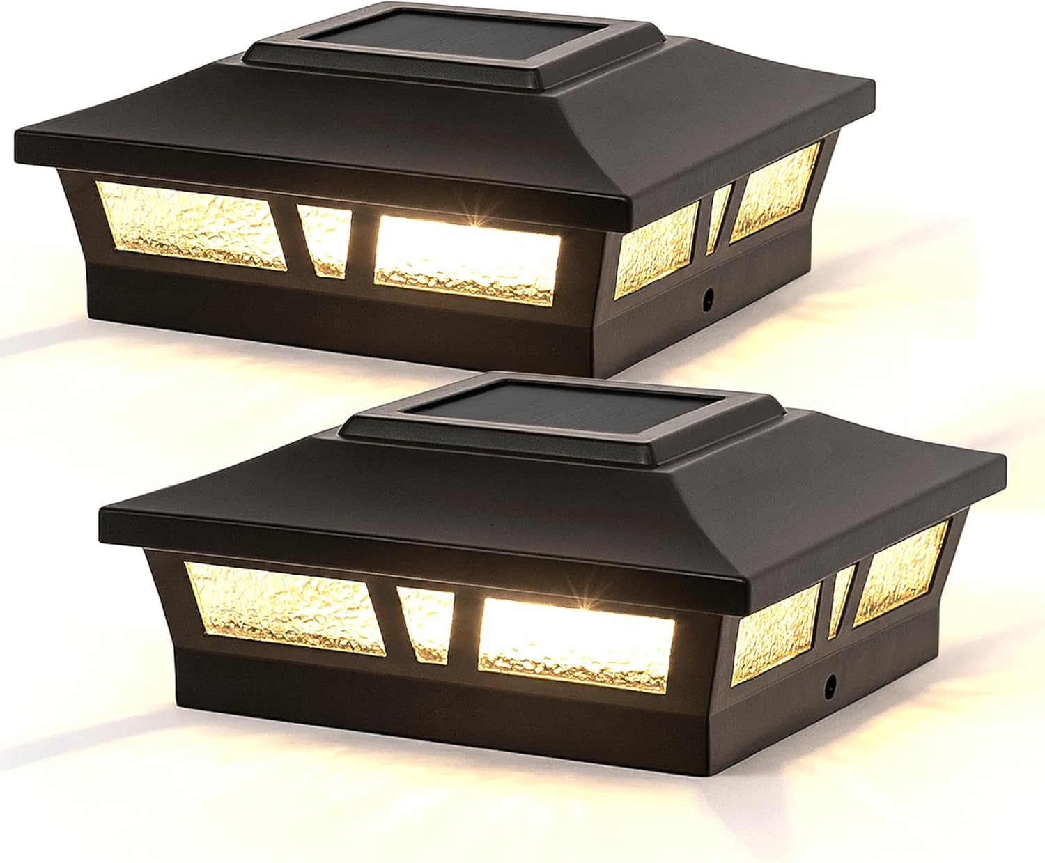 Classy Caps Oxford Low-Profile Solar Post Cap - Outdoor Deck and Fence Solar Lighting, Fits 5"x5", 5.5"x5.5", 6"x6" Posts, Black Aluminum, Warm White Light (2 Pack)