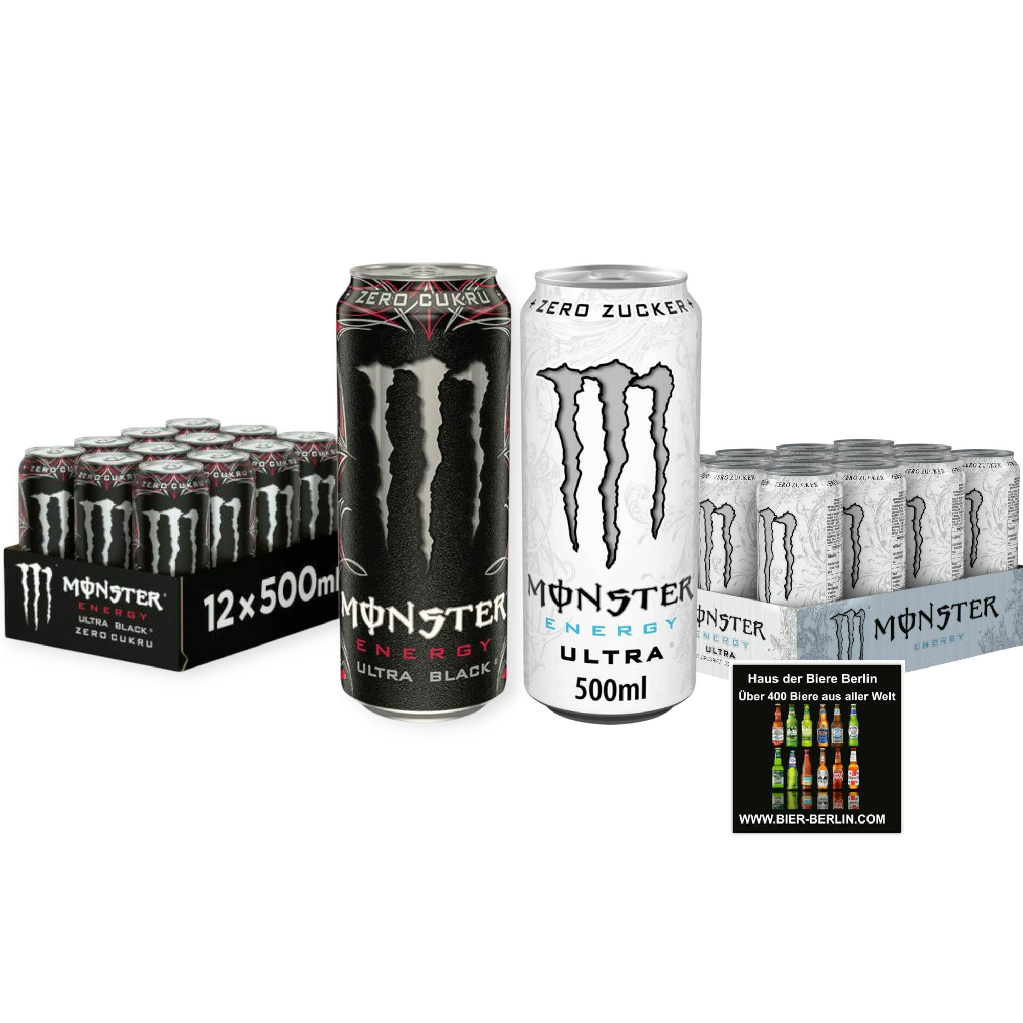 Monster Energy Mix – Ultra Black & Ultra White |24 x 500ml Dosen | Zuckerfrei | Energy Drink mit Koffein & Vitaminen- Inkl. Haus der Biere Berlin Bierdeckel