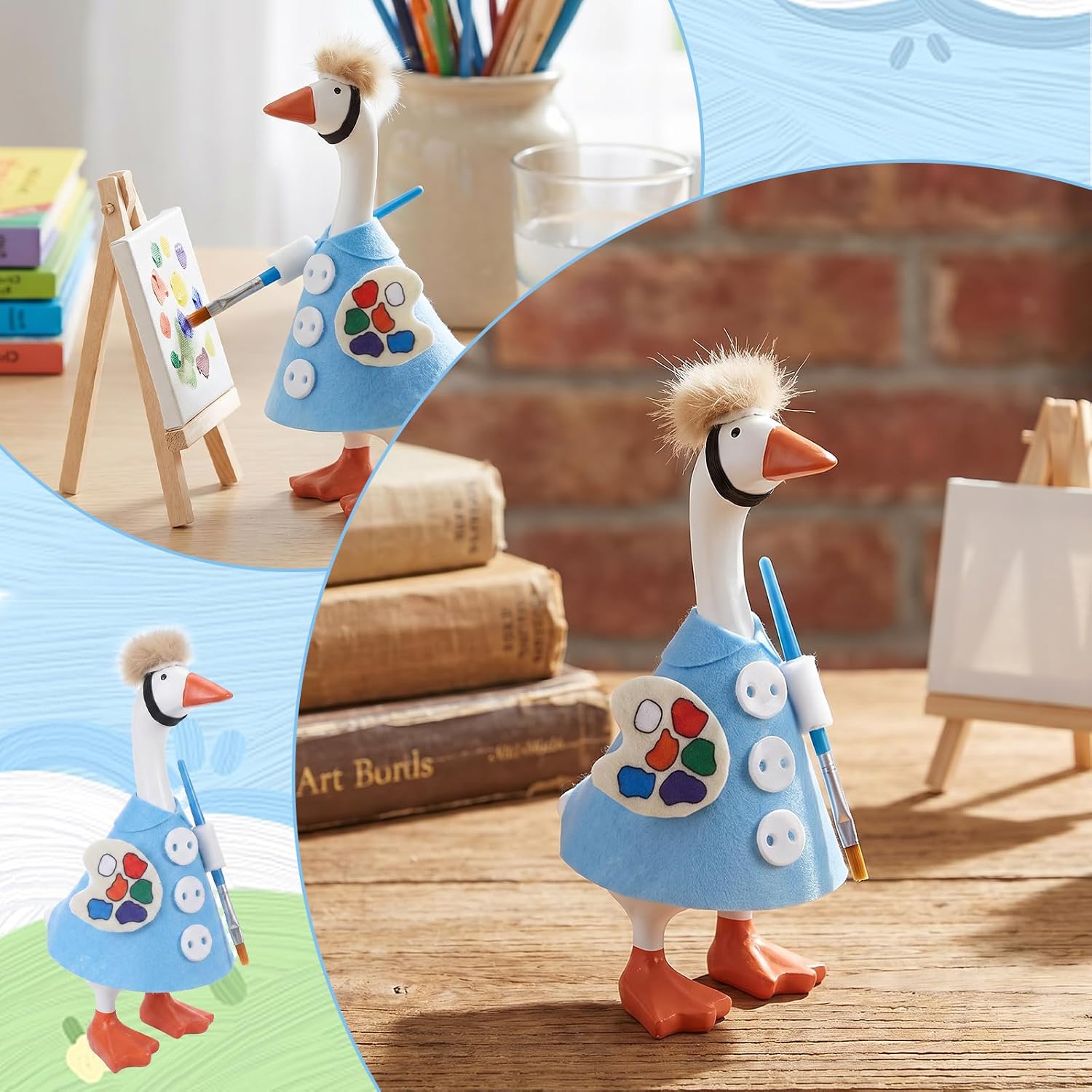 Mini Desk Goose Outfits, Painter Clothes Desk Goose Accessories, 7 Inch Mini Afro Wig Brush Palette Easel and Shirt Artist Costume Accessories for Porch Geese Key Holder Decor Gifts image 4
