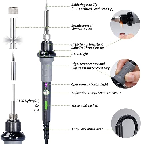 Miniatura 7 de YIHUA Kit de soldador de 947 V con 3 luces LED, control de temperatura, 5 puntas de soldadura premium, bomba desoldadora, indicador e interruptor de