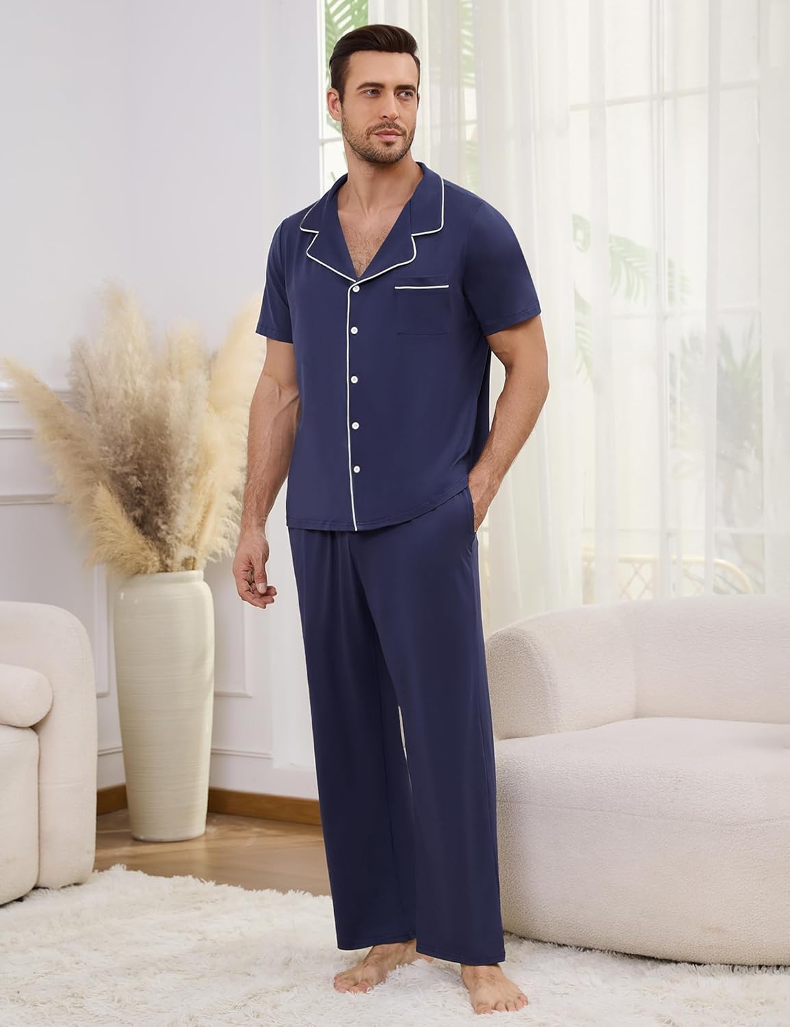 Marvmys Men's Short Sleeve Pajama Set Classic Button Down Pajamas Long Pants Sleepwear with Pockets S-XXL - Image 7