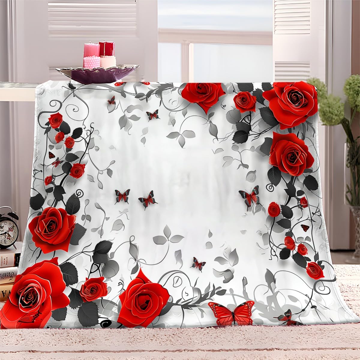 Couverture anti-froid en flanelle douce rose rouge et papillon grand plaid chaud