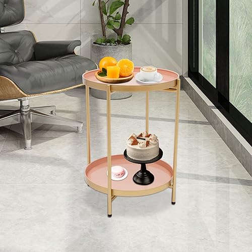 Miniatura 7 de GDNTMU Mesa auxiliar de 2 niveles mesa auxiliar redonda de metal para exteriores con bandeja extraíble pequeña mesa de acento plegable mesita de