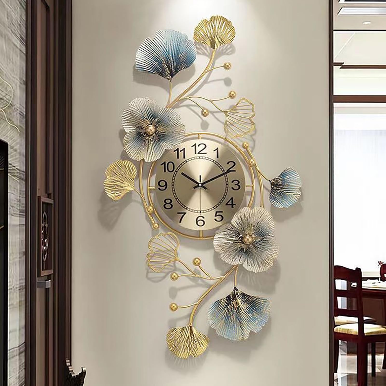 UIHECTA Big Wall-Mounted Mirrors, Large Wall Decor, Ginkgo Leaf Design, Metal Wall Mirrors Decor, Metal Wall Decor Mirror, for Bedroom Living Room Bathroom Vanity Entryway,Vertical Clock,94cm