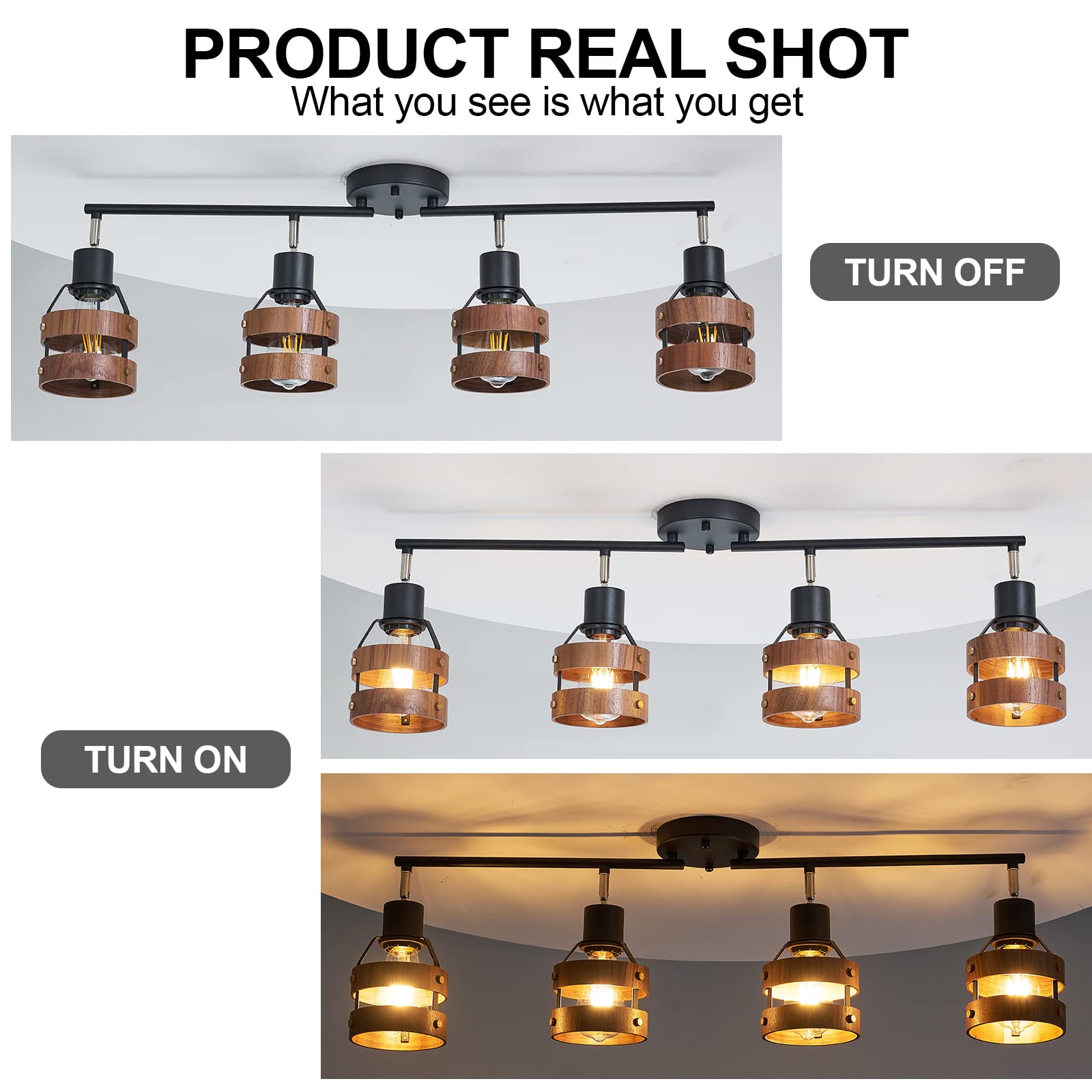 BISAMIYA Modern 4 Light Track Lighting Kit, Matte Black Finish and Wooden Lampshade Ceiling Spotlight, Flexibly Rotatable Light Head, for Kitchen, Hallway, Living Room
