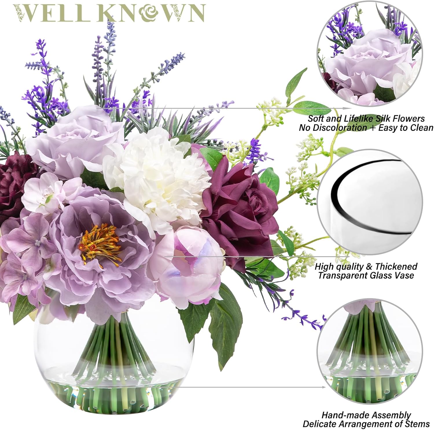 Artificial Flowers in Vase for Home Decor, Fake Lavender & Silk Peony Flower Bouquet Centerpieces in Glass Vase with Fake Water for Party Wedding Dinning Table Office Hotel Decor (Lavender Mixed Plus) - Image 6
