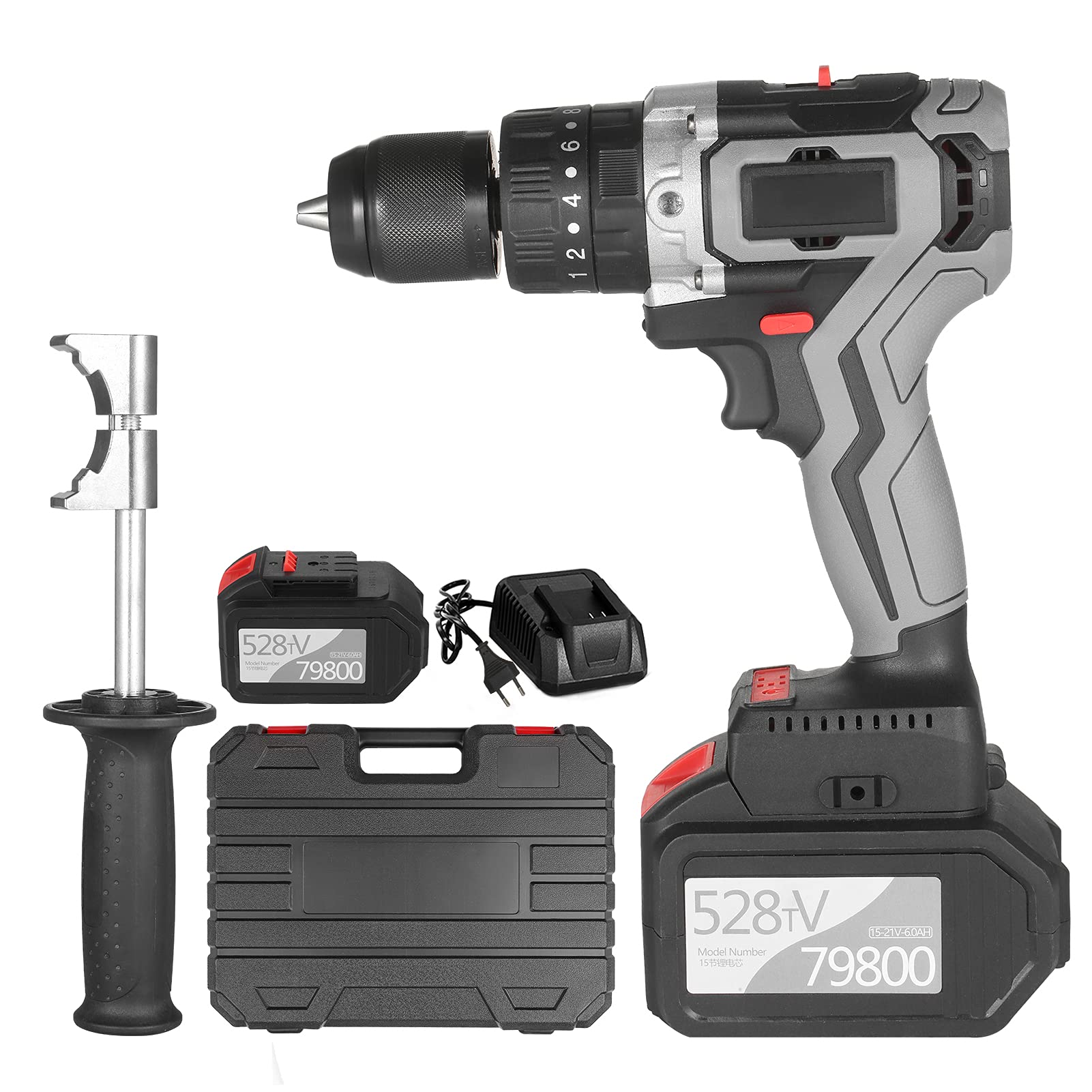 Cordless Drill Driver 21V 6.0A Battery Max Torque 200N.m 1/2 Inch Metal Keyless Chuck 20+3 Position 0-1550RMP Variable Speed Impact Hammer Drill Screwdriver With Plastic Tool Box