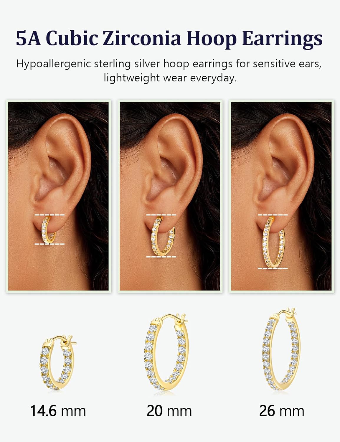 925 Sterling Silver/14K Gold Plated Hoop Earrings for Women Sensitive Ears Cubic Zirconia Cz Earrings Lab Diamond Wedding Earring Huggie Hoops 26/20/15mm - Image 4