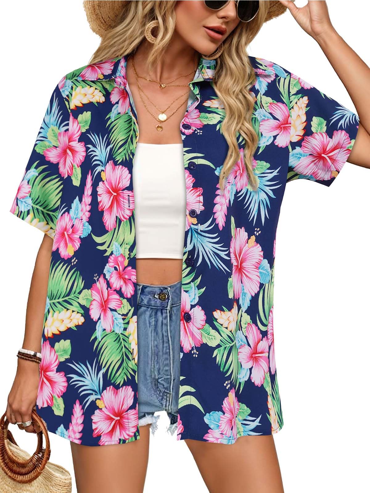 Gosunny Hawaii Hemd Damen Sommer Tropical Hawaiihemd Floral Kurzarm Strand Blusen mit Knöpfe