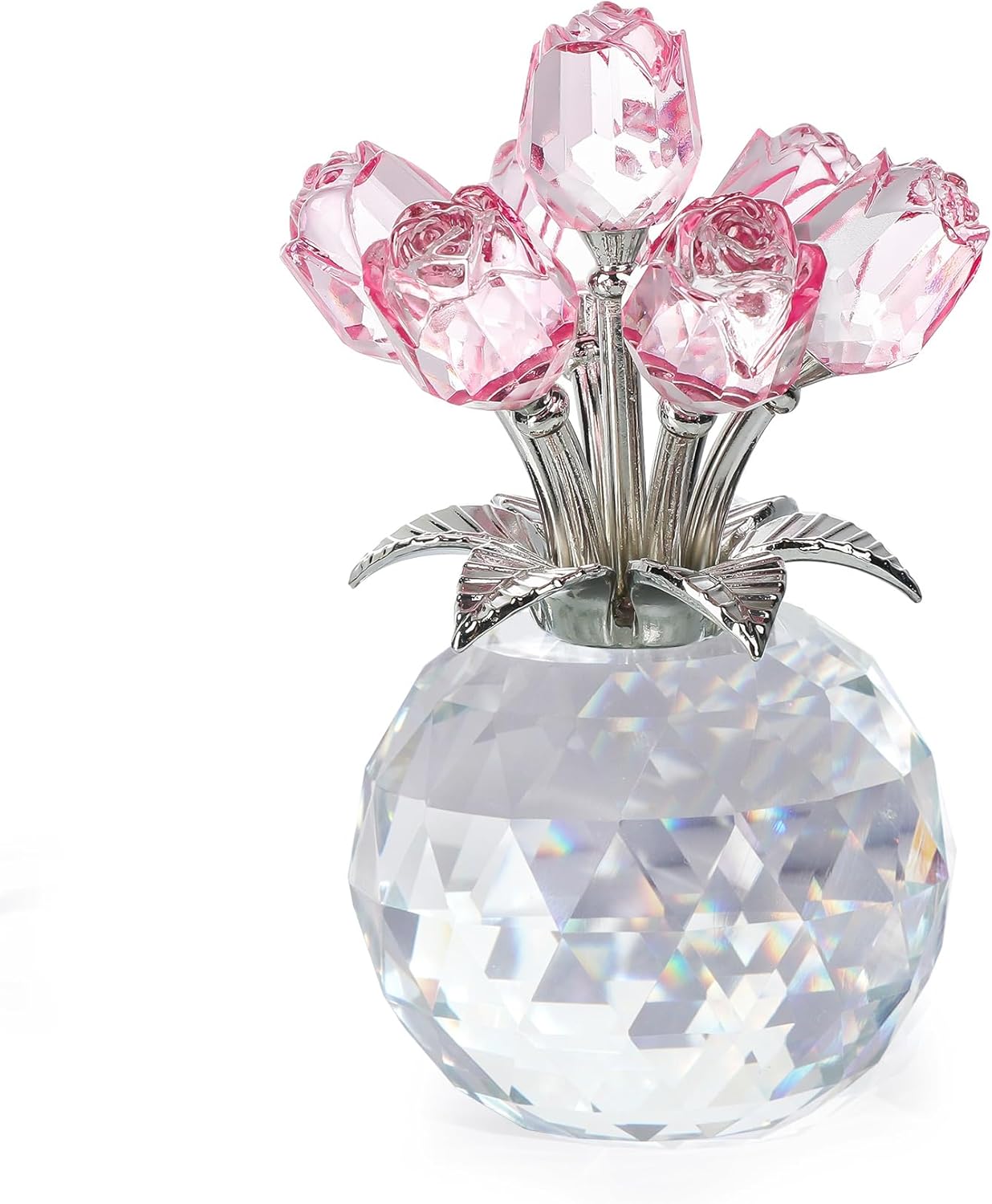 Crystal Rose Bouquet Flower Figurine - Pink Rose Gifts for Women, Collectible Floral Glass Ornaments for Valentine's Day, Mother's Day, Boxed