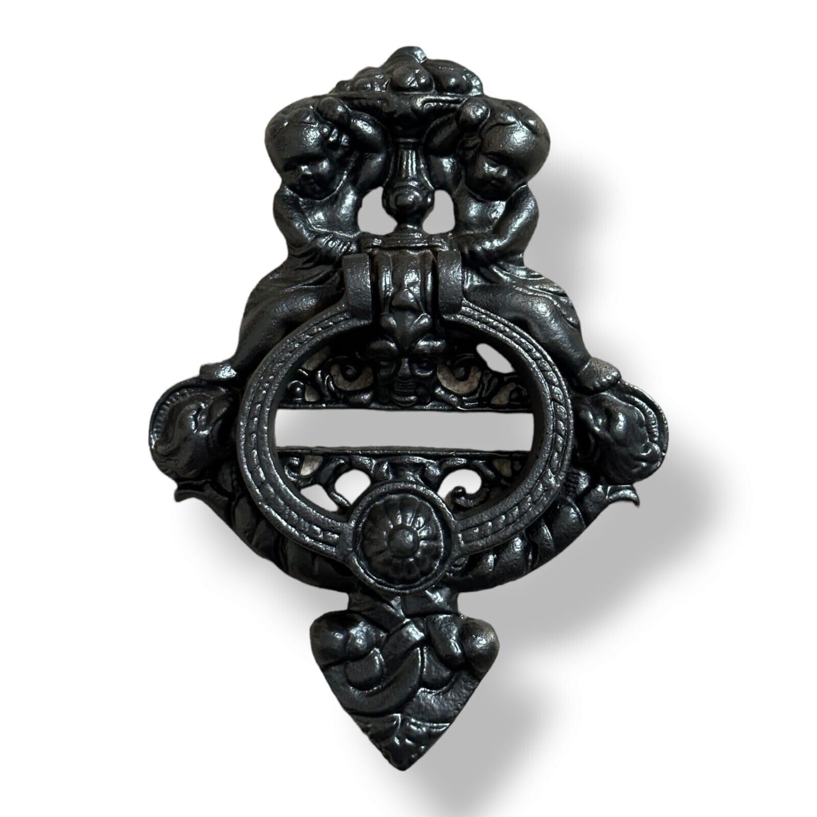 Manor Black Cherub Front Door Knocker Art Deco Antique Cast Iron Heavy