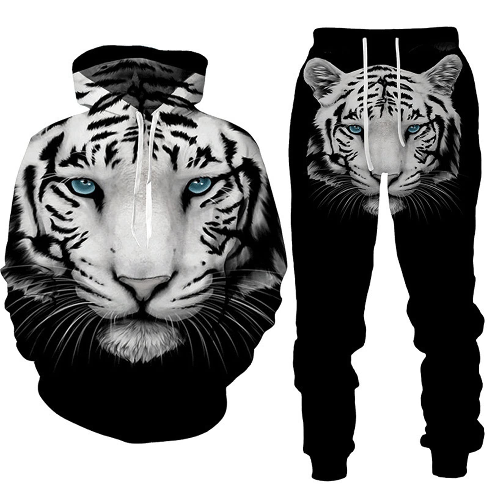 Set di Maglioni con Cappuccio con Stampa Animalier 3D da Uomo Set di Tute Complete con Stampa 3D di Wolf Bianco Completo Sportivo di Moda con Coulisse