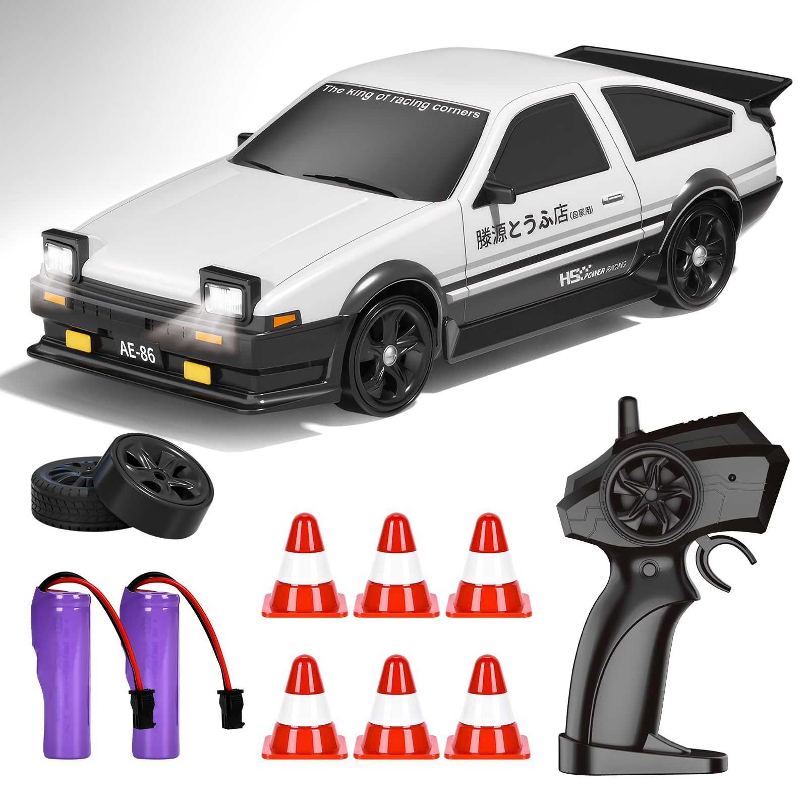 Coche Teledirigido Drift, 1:24 Drift RC Car, 18km/h 4WD Mini Car Teledirigido con Kit Barricada, Luces LED, Radiocontrol Coche de Juguete para Adultos y Niños Mayores de 6 Años (Blanco)