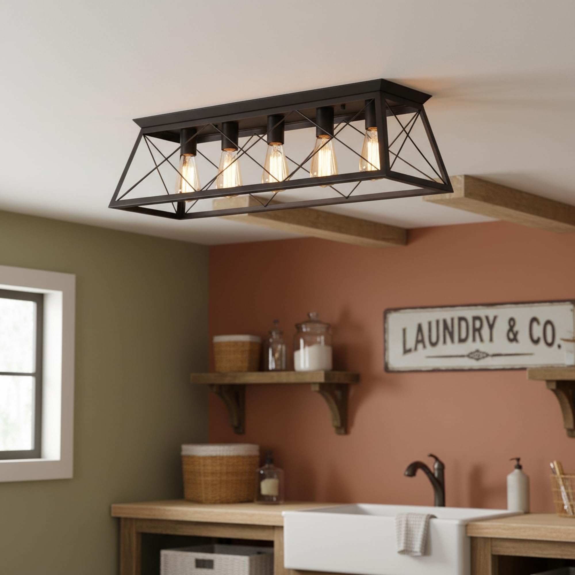 Installed umeiluce 31.5 Inch 5-Light Flush Mount Ceiling Fixture with five Edison-style bulbs, showcasing its black metal cage design.