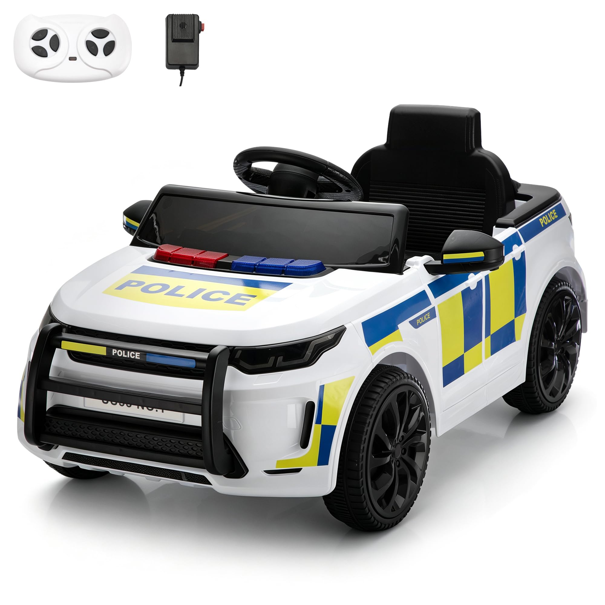TOBBI Auto della polizia elettrica per bambini, giocattolo da poliziotto alimentato a batteria, 27 W, veicolo a 4 ruote con telecomando per genitori/soft start/3 velocità/clacson e LED, per bambini da