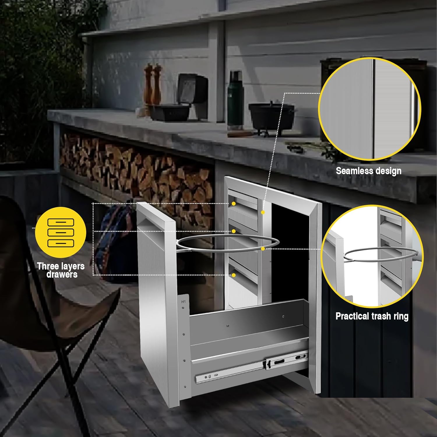 29.5W x 22.6H x 21.7D Outdoor Kitchen Drawer Combo BBQ Access Triple Propane Drawers with Welded Trash Ring Designed for BBQ Island Grill Station