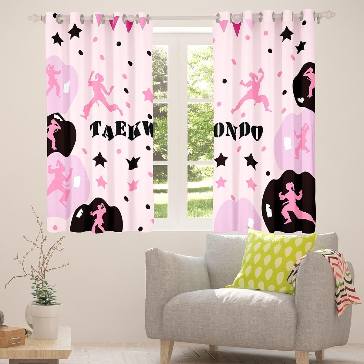 Taekwondo Kids Window Curtains,Stars Geometric Dots Abstract Kung Fu Window Drapes for Girls Boys,Martial Art Sport Game Modern Pink Girly Window Treatments Grommet Top 2 Panel Set,38Wx45L inch
