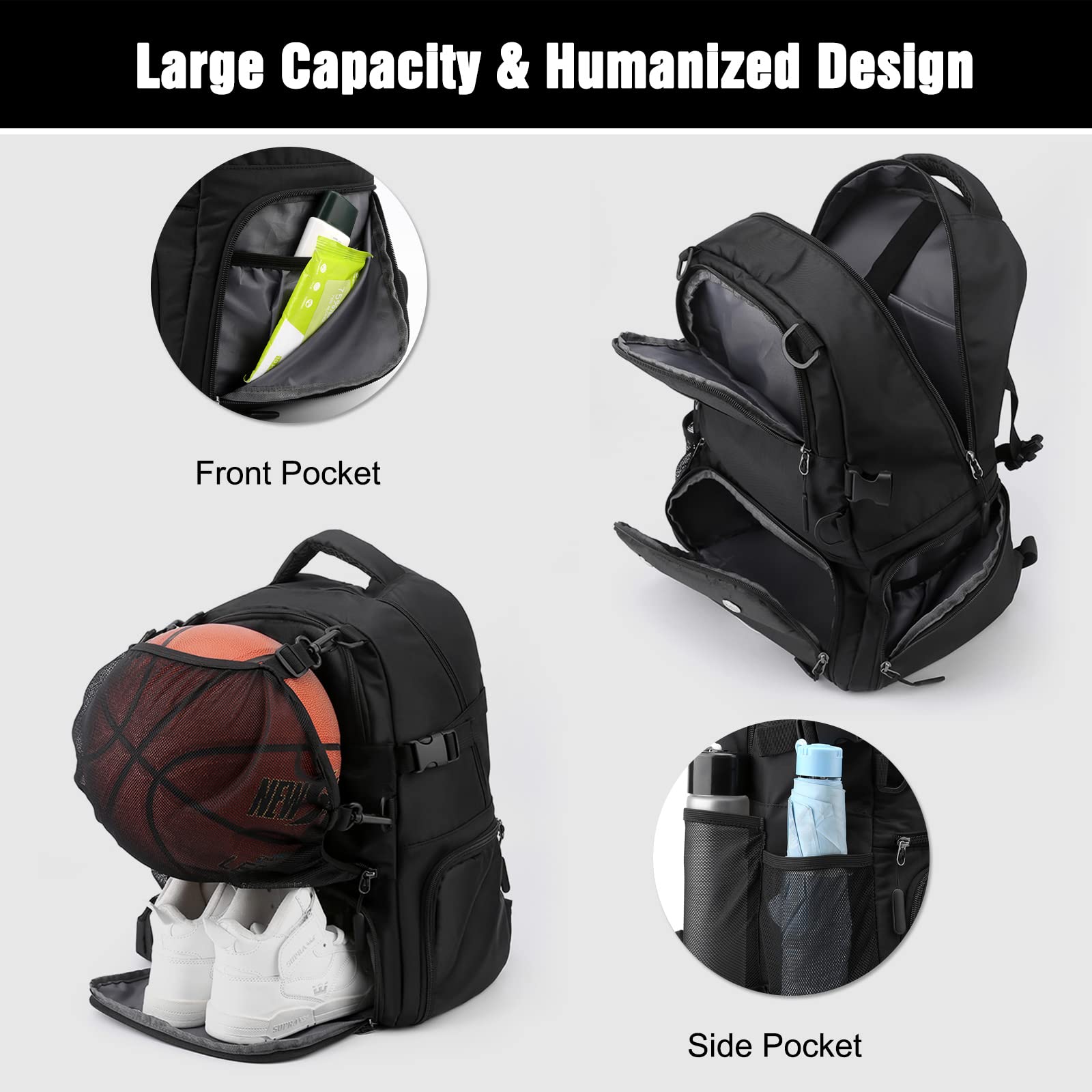 CAFINY Sporttas met schoenenvak, net en gevoerd laptopvak, 15,6 inch, sportrugzak voor basketballen, voetballen en andere ballen, voorwerpen