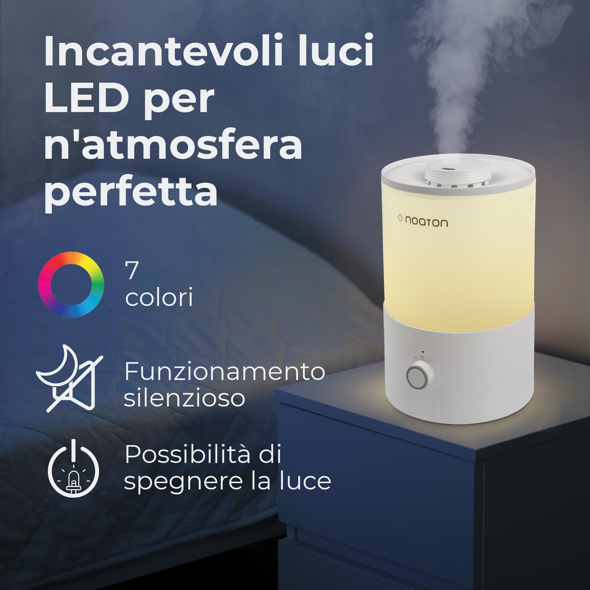 Noaton Essential Umidificatore 3,3L Ultrasuoni Ambiente Bambini, 33h, con Luce e Aromaterapia, Controllo della Nebbia, per Qualsiasi Camera, Silenzioso, Adatto per Piante…