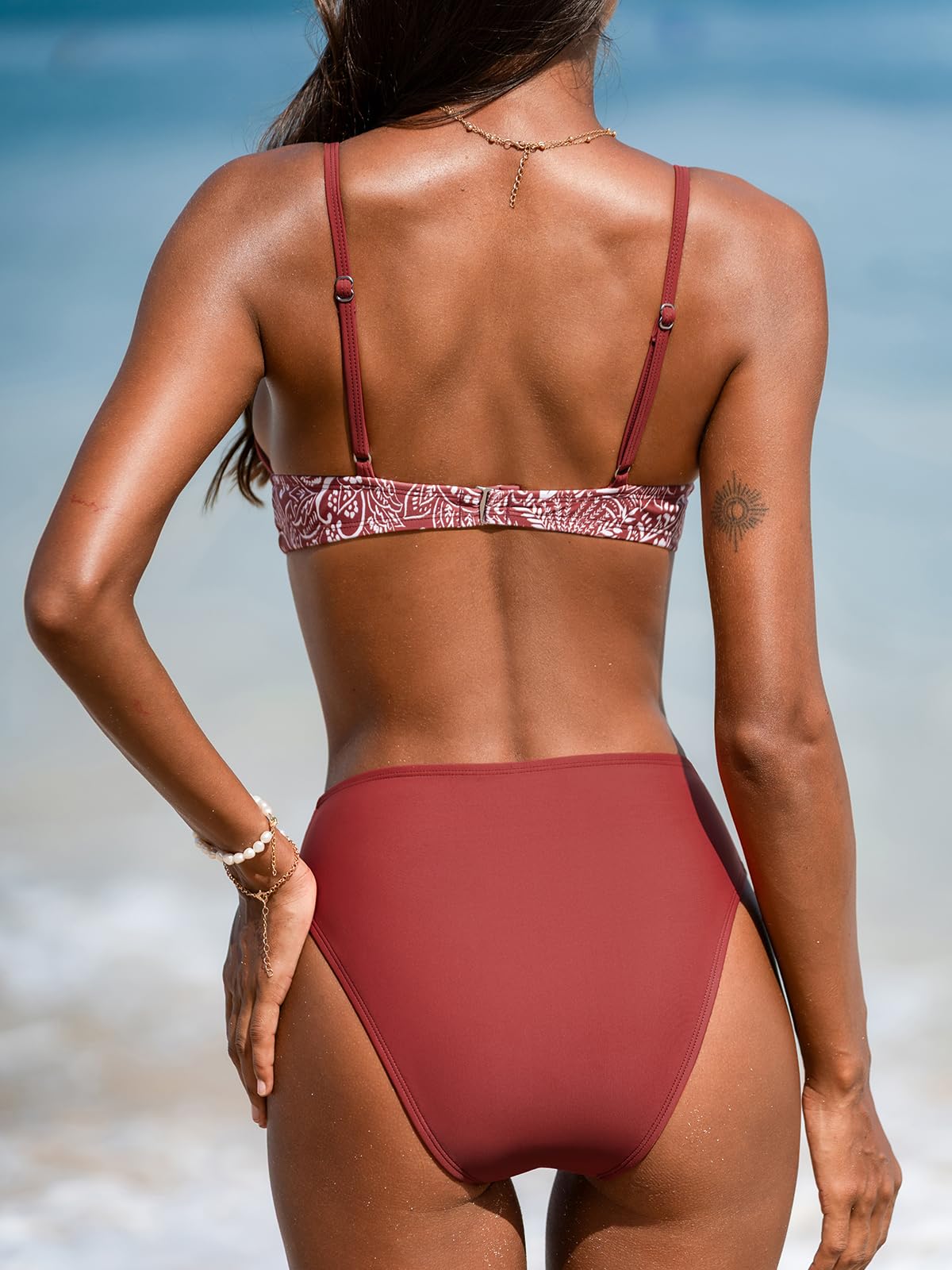 CUPSHE Damski zestaw bikini z wysokim stanem dekolt w serek dwuczęściowy strój kąpielowy sznurek z tyłu hak regulowane paski strój kąpielowy