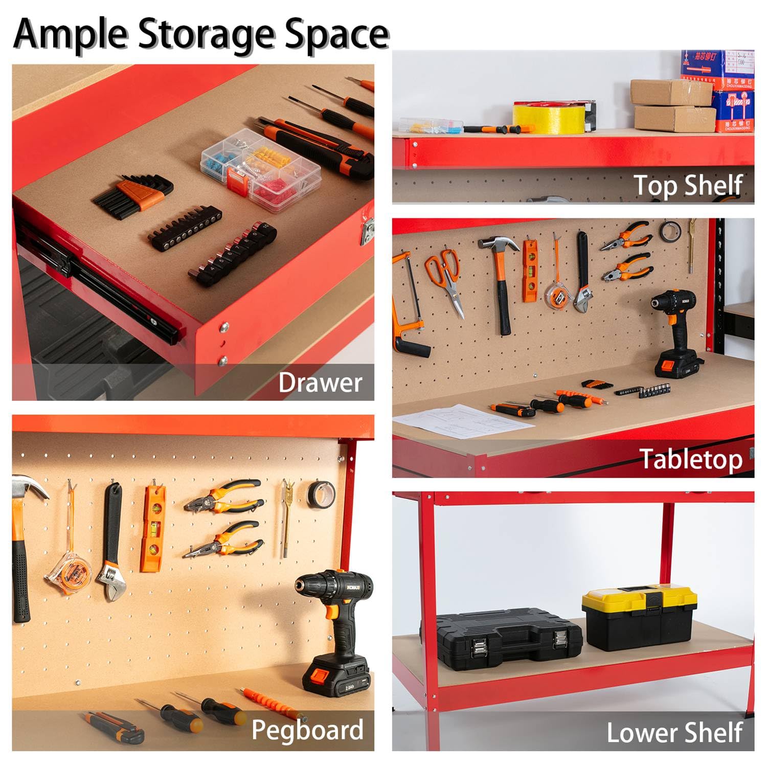 Foxhunter – Pannello forato per attrezzi lavoro banco da lavoro con attrezzi da garage in acciaio rosso con cassetti e ripiano per 12 pioli DIY workshop station