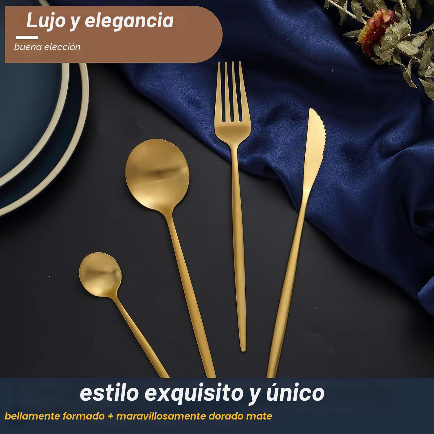 Bestdin Juego de cubertería para 6 personas, 24 piezas, acero inoxidable, color dorado mate, con cuchillo, tenedor, cuchara, acero inoxidable, apto para lavavajillas.