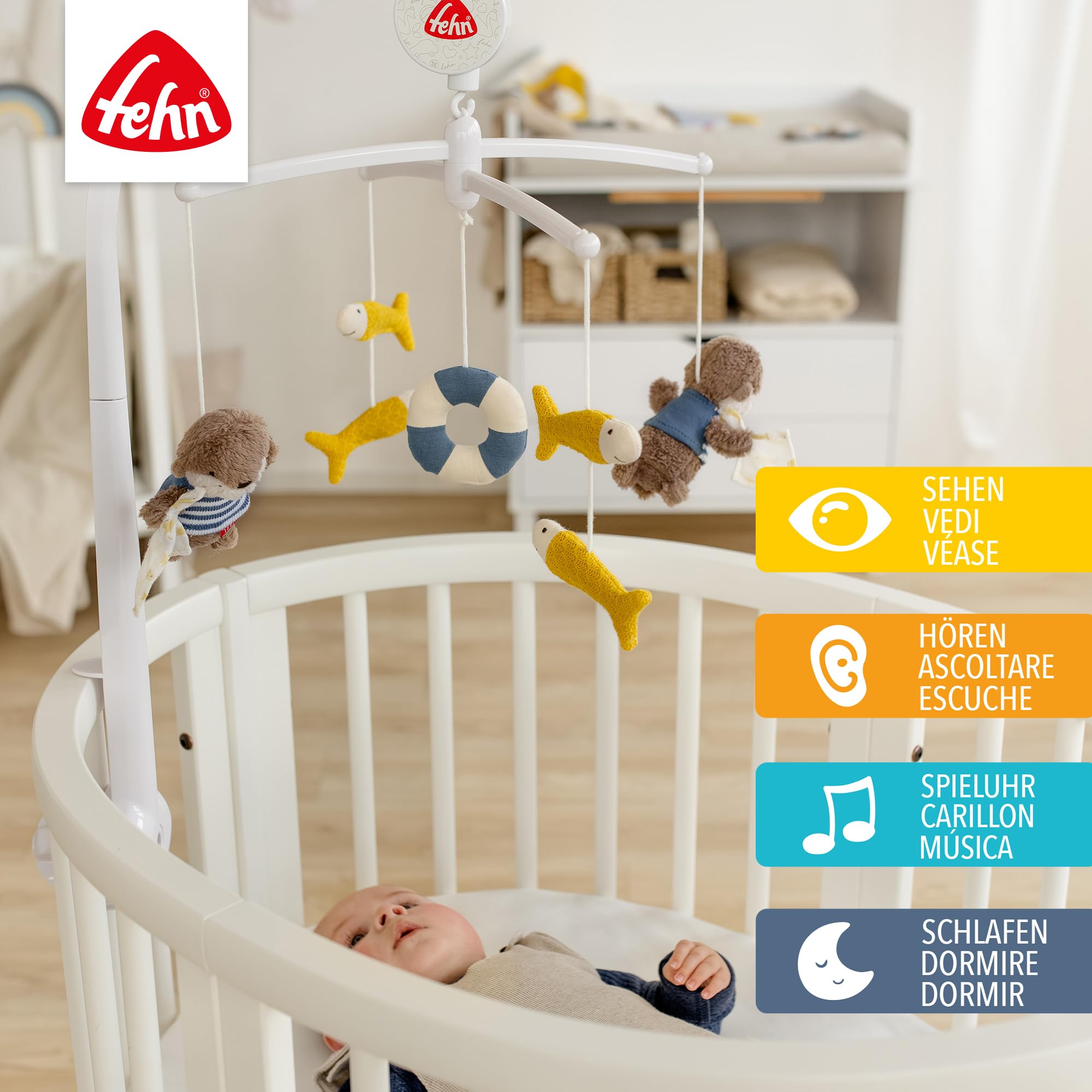 Fehn Musik-Mobile Otter – Aufzieh-Mobile mit Spieluhr-Melodie „Mozarts Wiegenlied“ und Figuren zur Beruhigung & Beschäftigung – Mit Bett-Befestigung für Babys von 0-5 Monaten