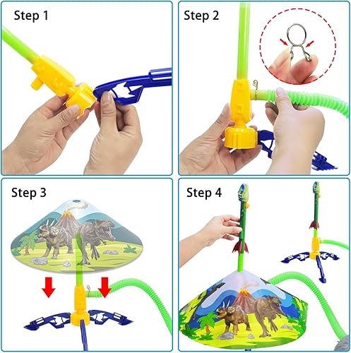 Miniatura 6 de Juguete de dinosaurio lanzacohetes con silbato para niños, 5 cohetes de dinosaurios coloridos divertidos al aire libre, diversión familiar para