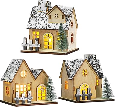 Toyvian 3 Pcs Christmas Village Houses Sets Wooden LED Lighted Christmas Village Decor, MIini Glowing Snow Houses Ornaments for Xmas, Table Centerpieces, Collectible Buildings Brown