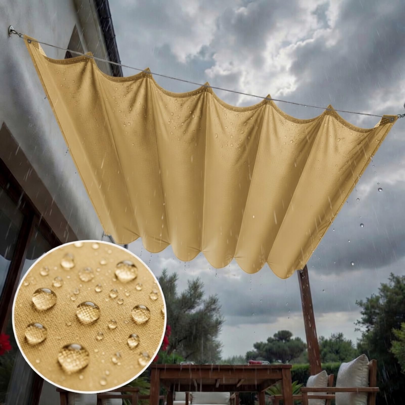 Toldo Retráctil Ondulado 2.3 x 9 m Ajustable Ondulada Toldo Vela de Sombra Protección de La Privacidad Resistente Al Desgarro para Patio Jardín Terraza, Amarillo Arena