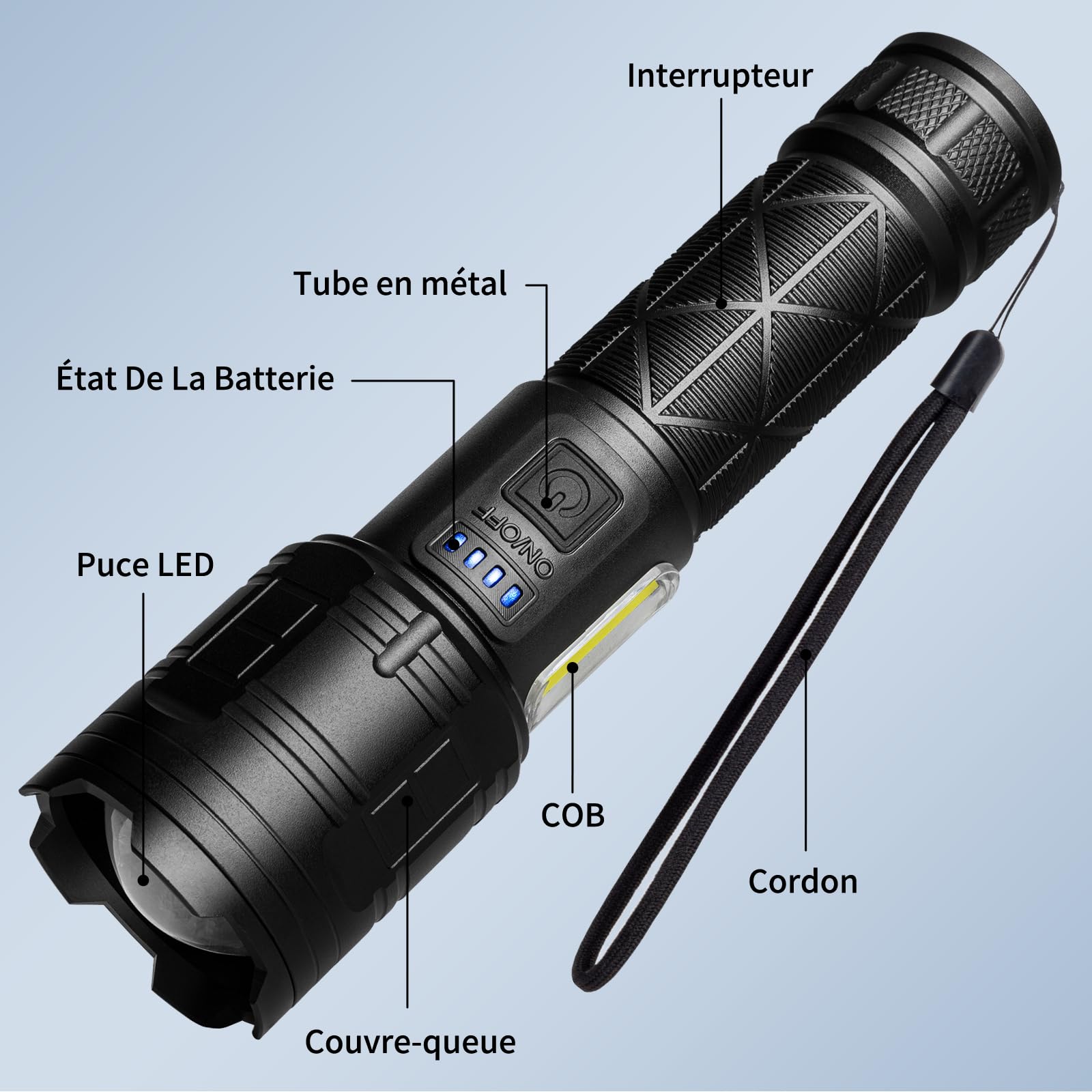 Lylting Lampe de poche LED rechargeable, 100 000 lumens extrêmement lumineuse, rechargeable par USB, 7 modes, zoomable, étanche IPX6, lampe de poche tactique portable pour camping, randonnée