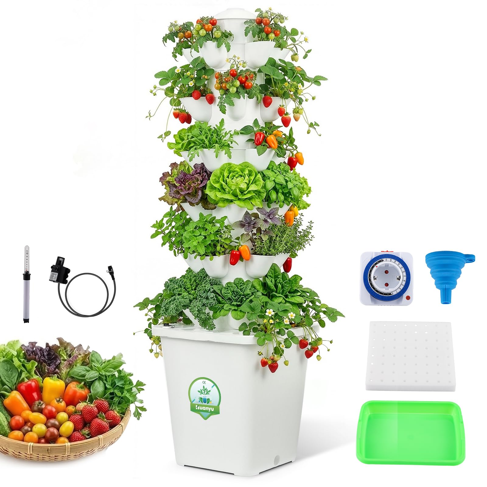 Huanyu Hydroponic Growing System 6 Layers 30 Pods Vertical Hydroponic Tower with Timer Garden Hydroponic Tower with 10L Water Tank Suitable for Indoor and Outdoor Use