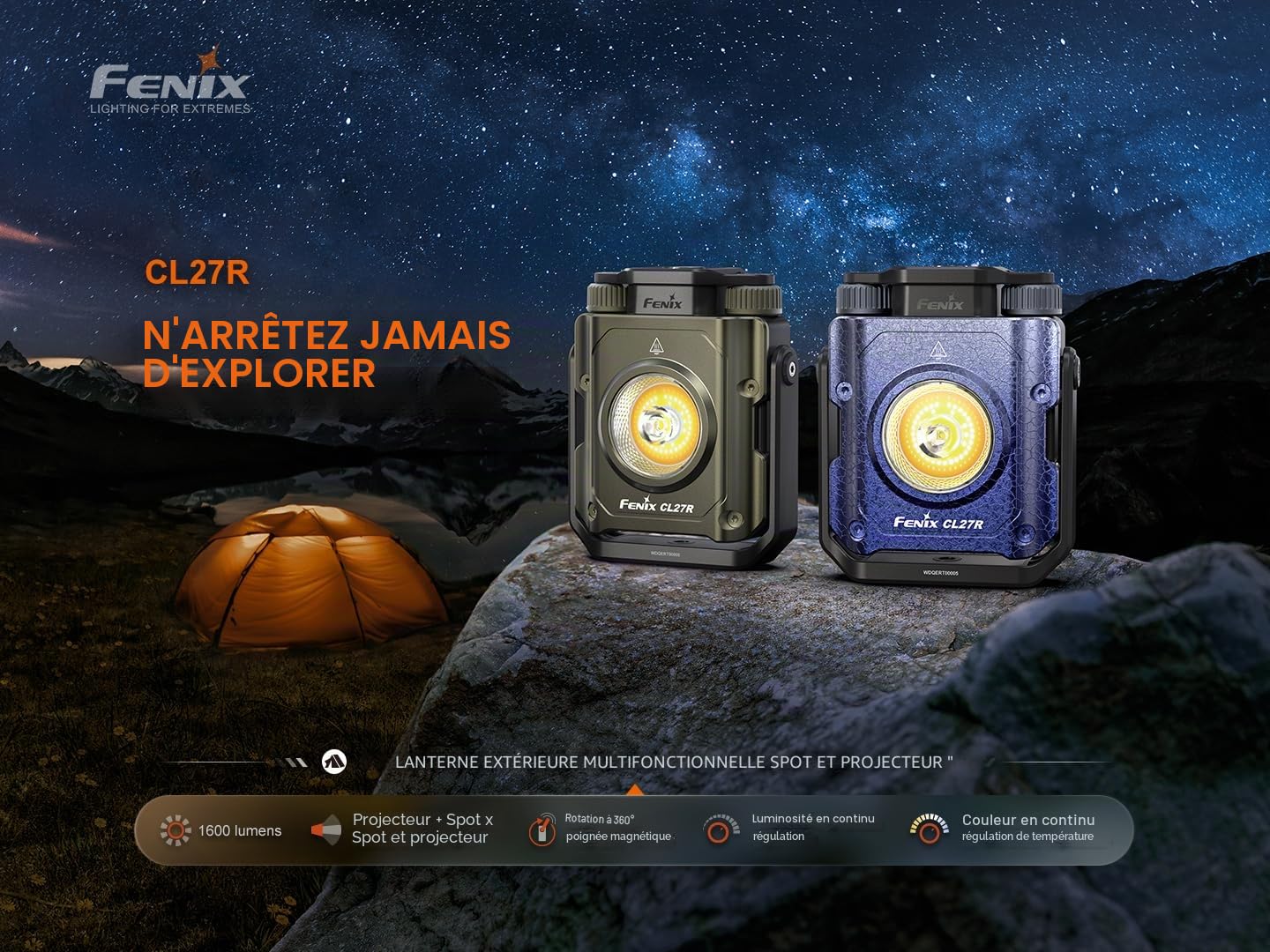 Fenix CL27R Lanterne multi-faisceaux rechargeable bleue gaufrée | 1600 lumens | 180 m | 285 heures max | Mode lumière rouge | Réglage continu de la température de couleur et de la luminosité | Poignée