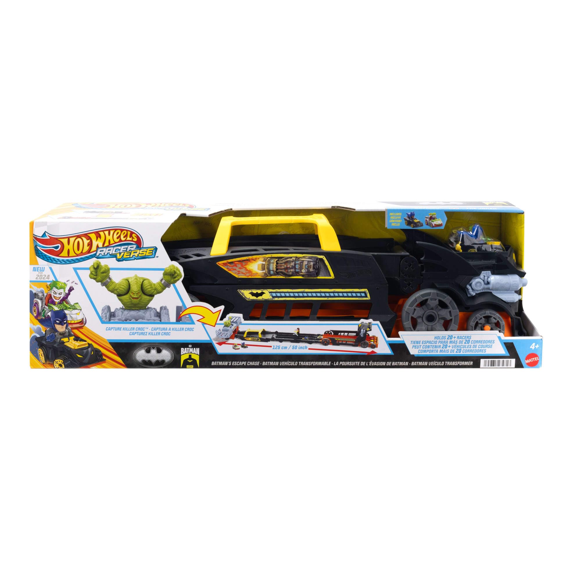 Hot Wheels RacerVerse - La fuga di Batman, veicolo trasformabile in pista circuito a 3 corsie, include 2 macchinine, Batman Die-Cast e RacerVerse Joker, giocattolo per bambini, 4+ anni, HXN21