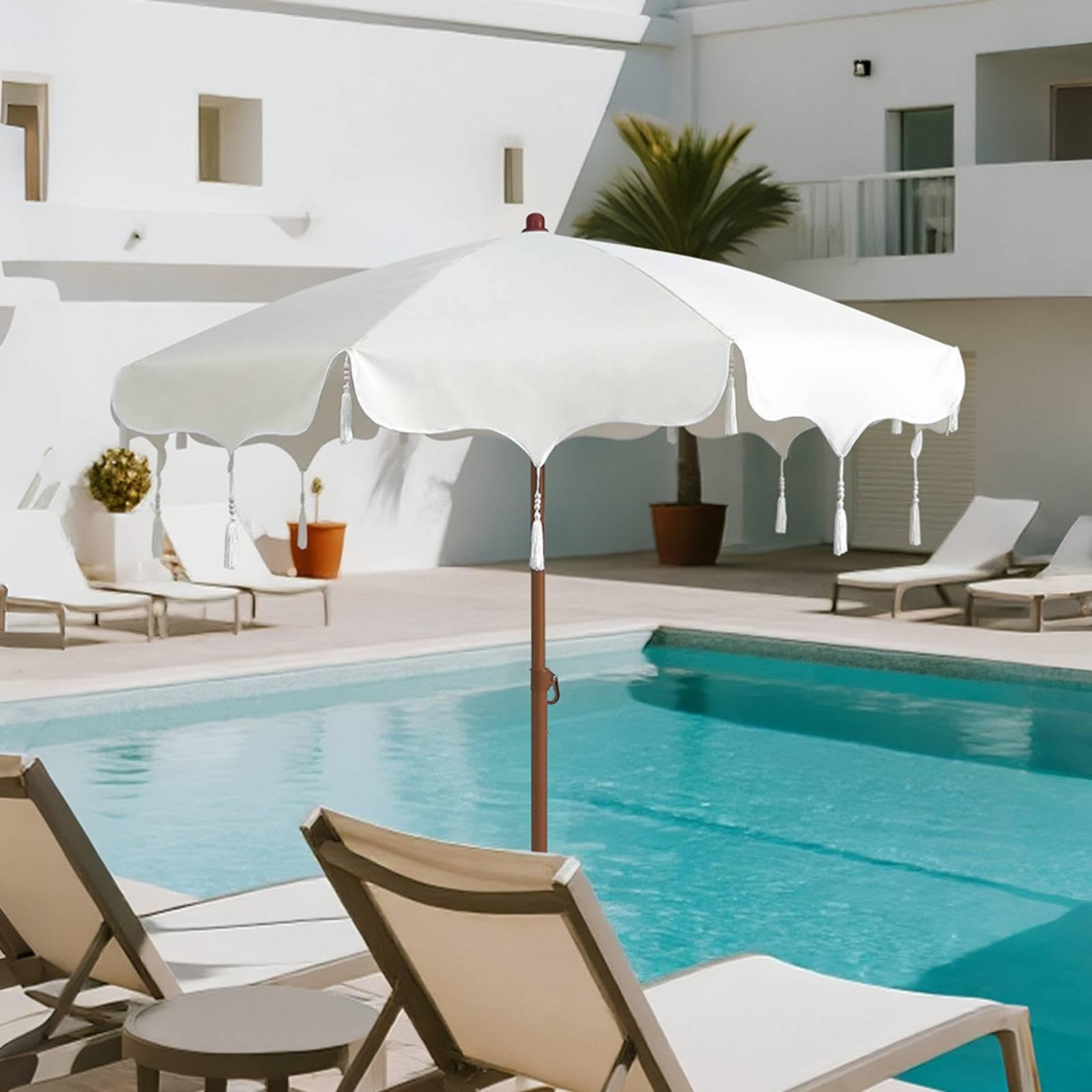 Patio Umbrella Bohemio con Flecos Mecanismo Ajustable de Inclinación Tejido de Nylon de Alta Densidad Accesorios Funcionales y Resistente para Patio