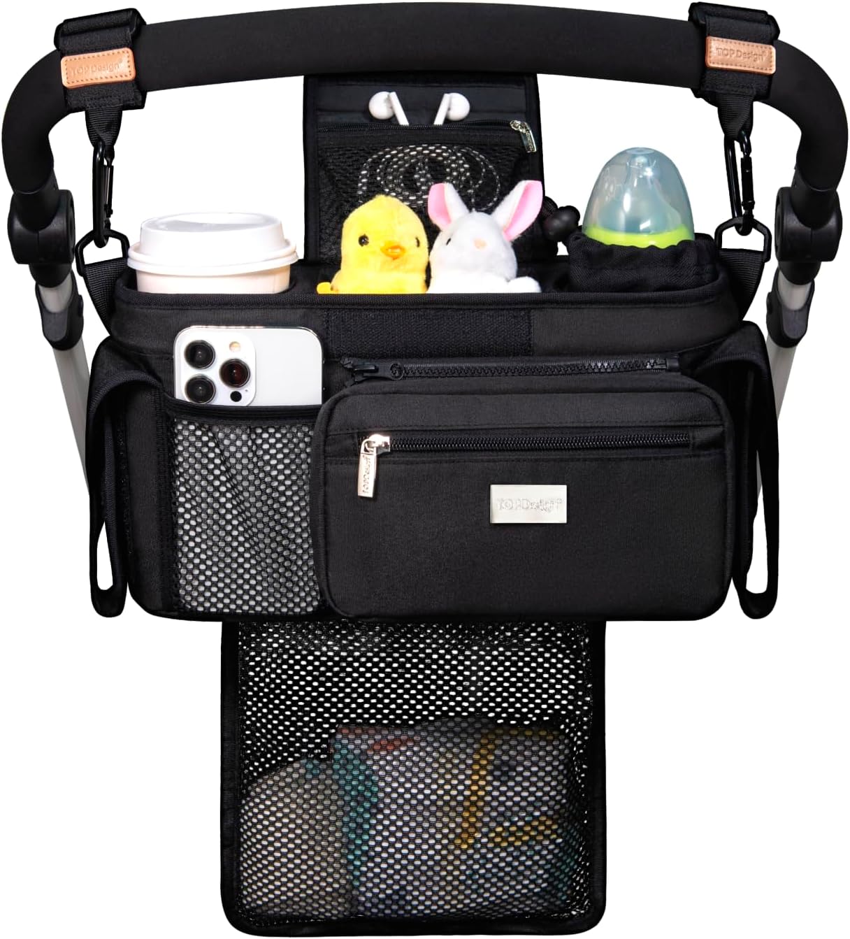 TOPDesign Universal Baby Stroller Organizer, Stroller Caddy with Detachable Mesh Bag & Heightened Insulated Cup Holders & Non-Slip Secure Hooks Accessories, Fits Most Strollers (Black)