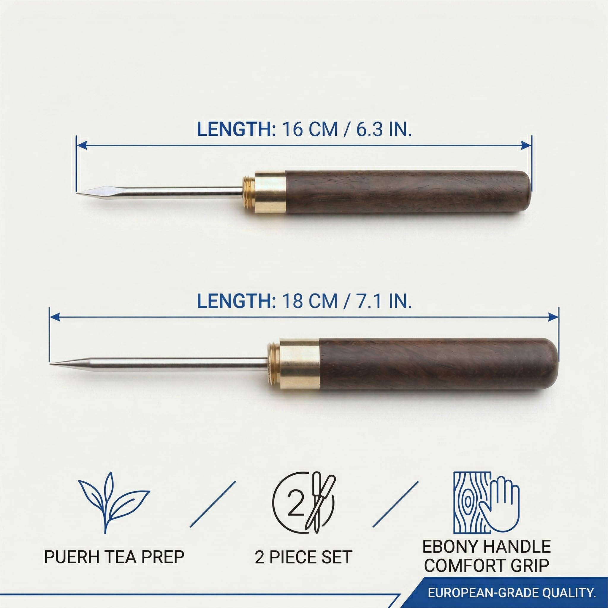 Punteruolo da Tè Set 2 pz (Piccolo & Grande) Manico Ebano Punta Metallo – Ideale per Tè Puerh, scioglie le foglie con precisione per un gusto autentico.
