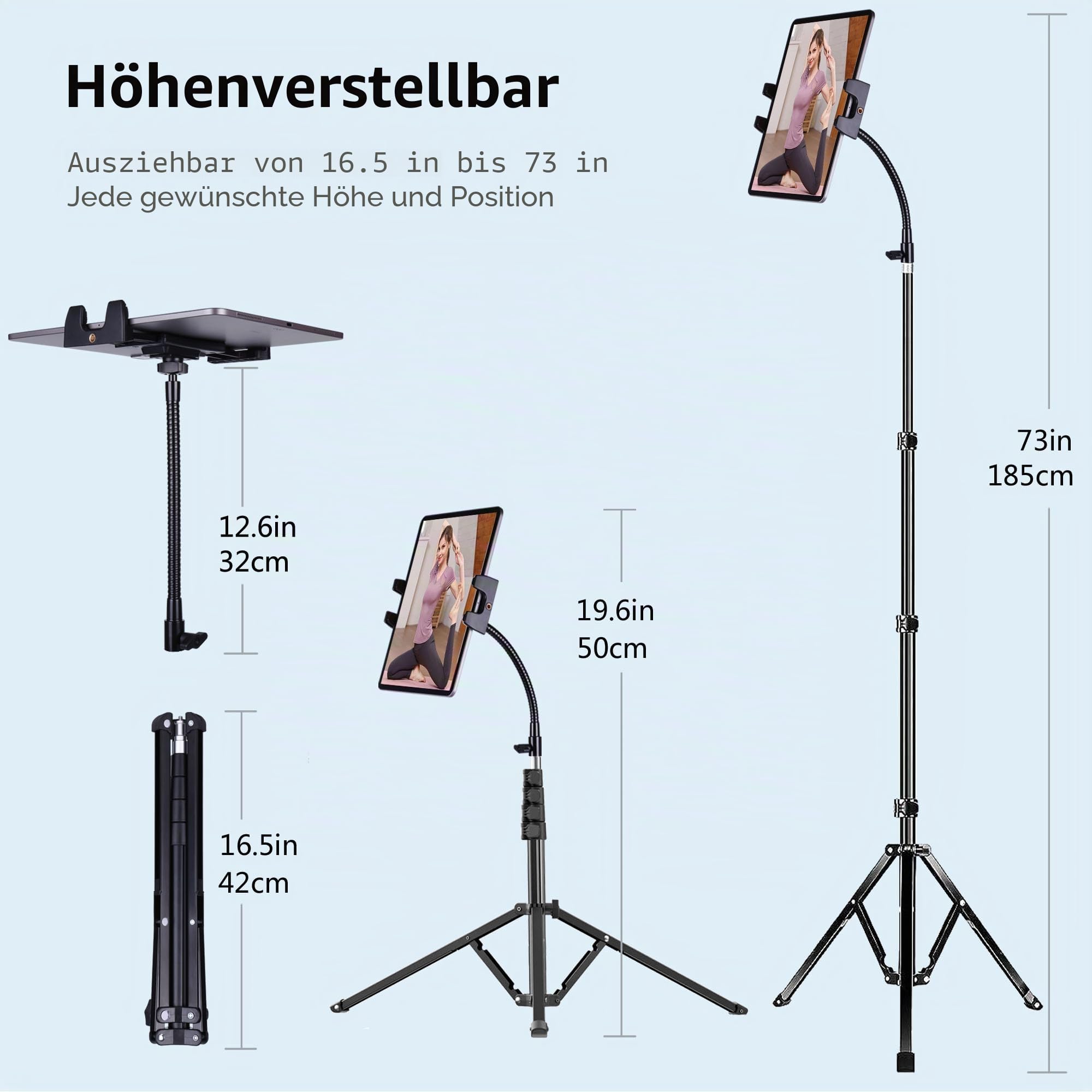 Ipad und Telefon Stativ 73" Schwanenhals Tablet Bodenständer Halterung mit Fernbedienung für 3,5 bis 15in Tablets iPhones, iPad Pro Air Mini 12,9 11 10,5, Galaxy Tab S9 Ultra 14,6", Surface