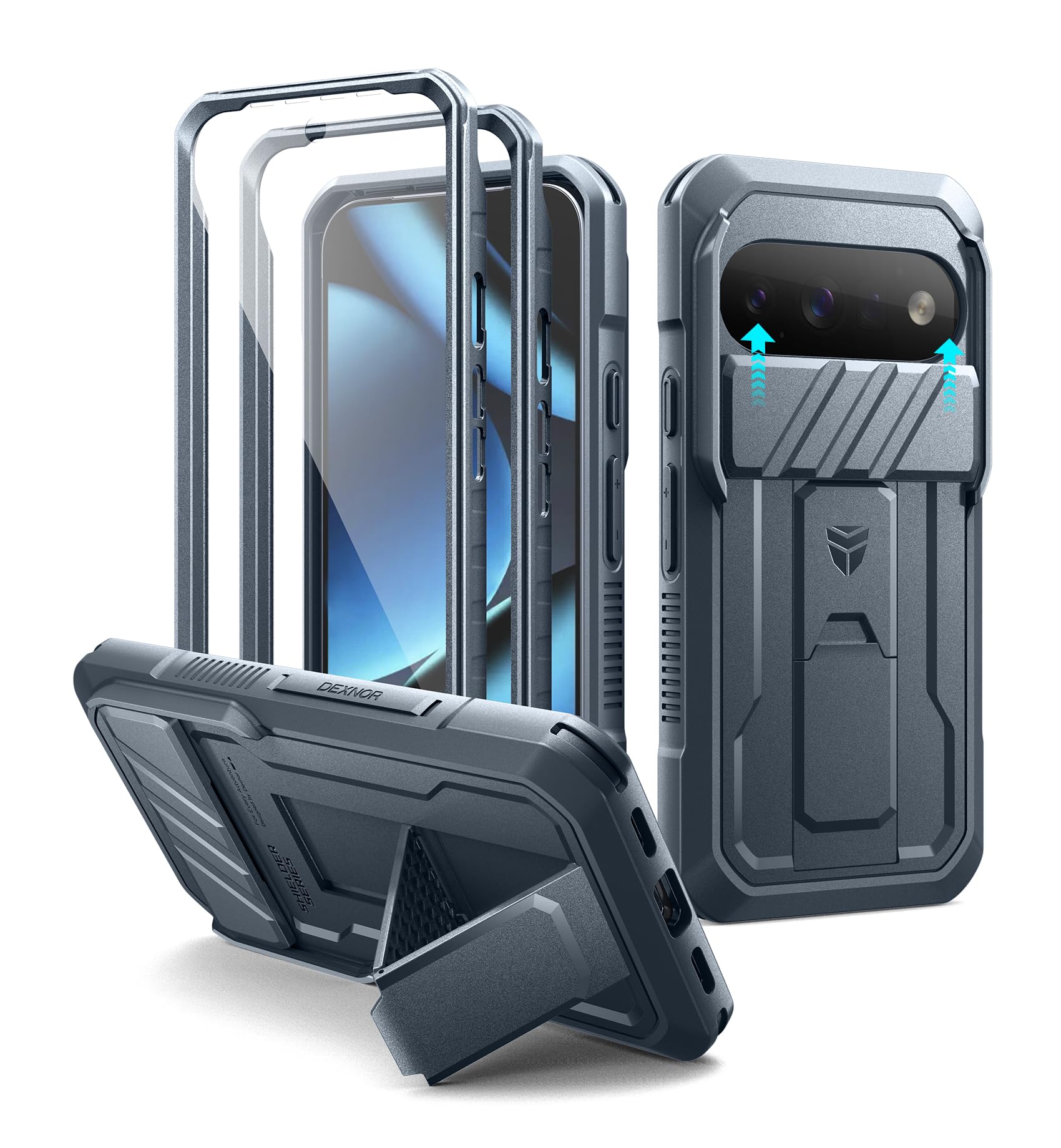 Dexnor para Funda Google Pixel 11&11 Pro con Tapa Deslizante Cámara & 2 Marcos Delanteros & Protector de Pantalla Integrado & Soporte, Carcasa Protectora Integral a Prueba de Golpes Resistente - Azul