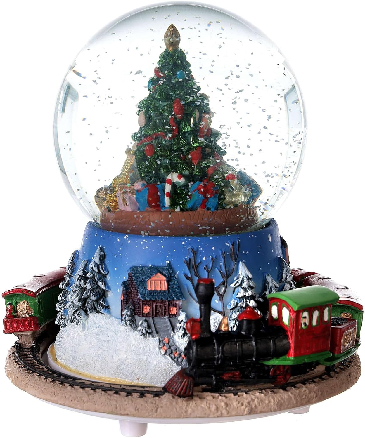 Christmas Tree Snow Globe Train Music 15x15 cm