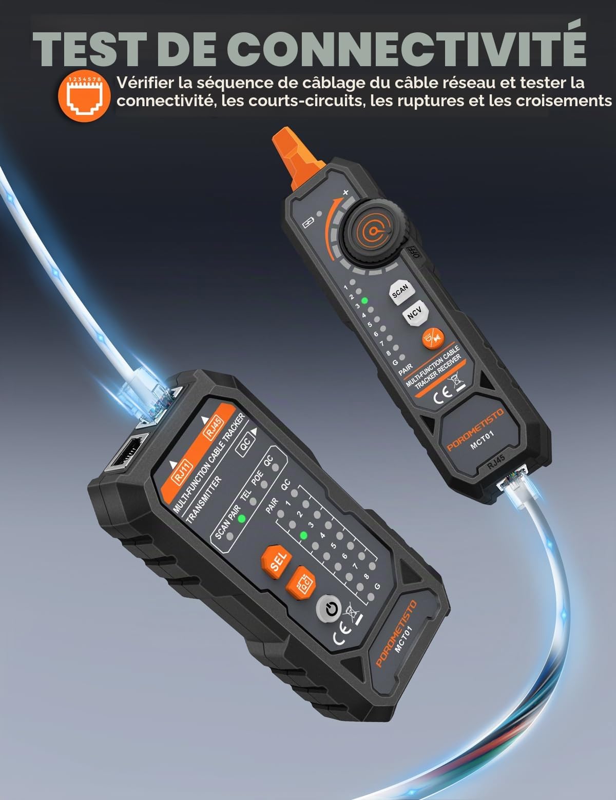 Testeur de Câble Réseau 4 en 1 Ethernet RJ45 RJ11, Traceur de Lignes Électrique NCV, Anti-Interférence, Alarme Sonore, Outil Électricien Professionnel
