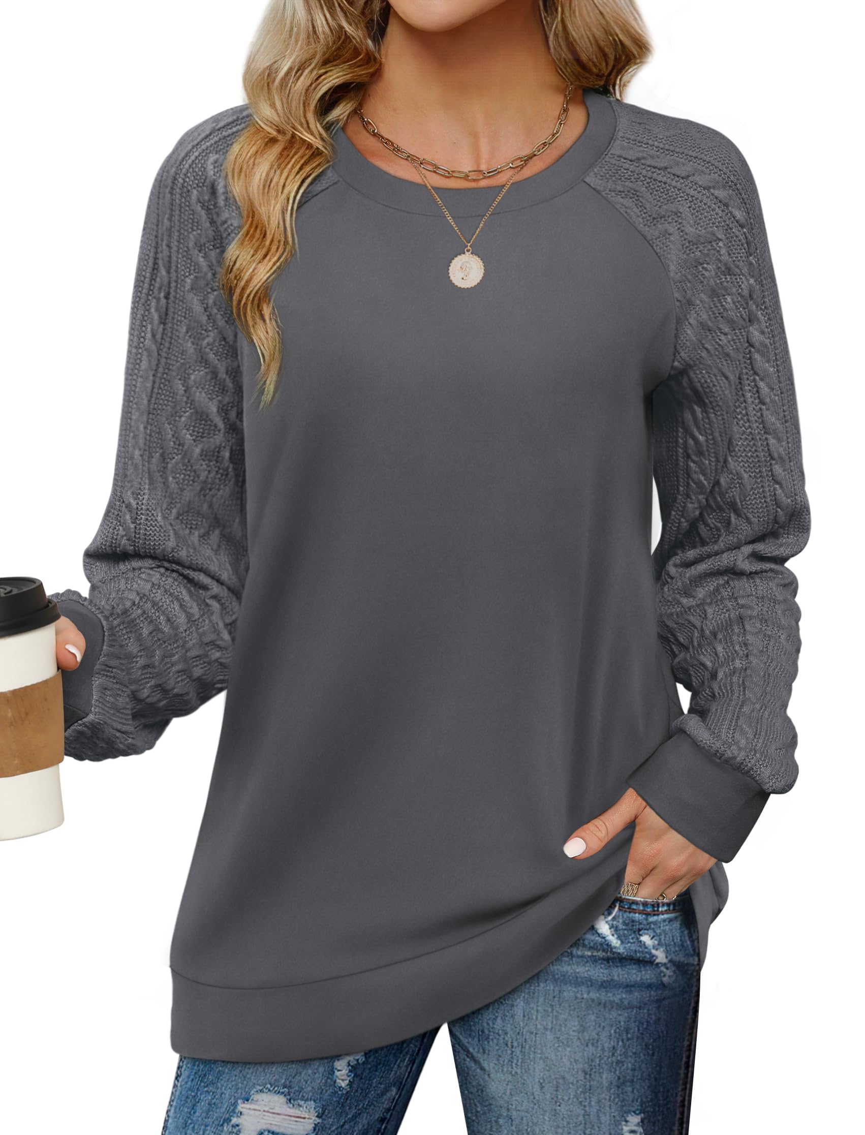 Saloogoe Sweatshirts for Women Crewneck Cable Knit Sleeve Sweaters Lightweight Fashion 2025